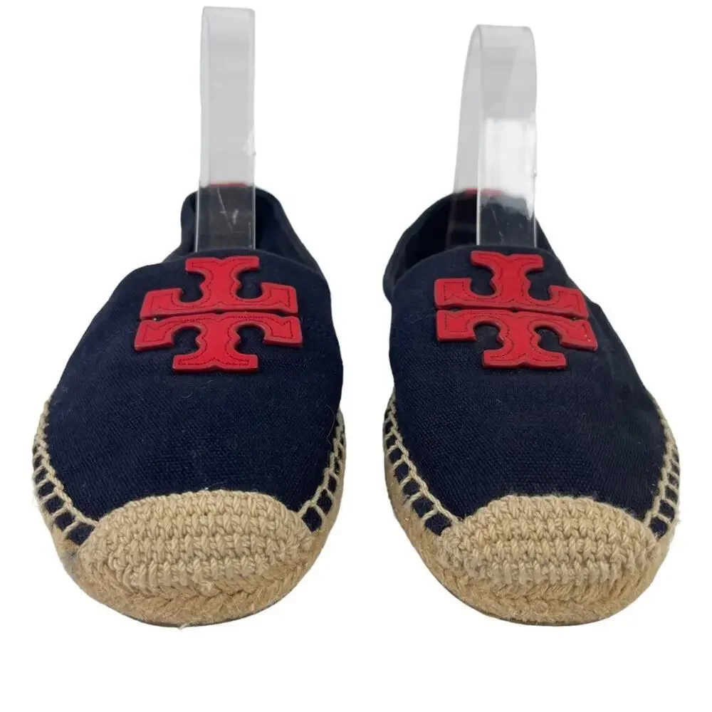 TORY BURCH Weston Navy Red Canvas Slip On Flat Espadrille Sandals Size 8M